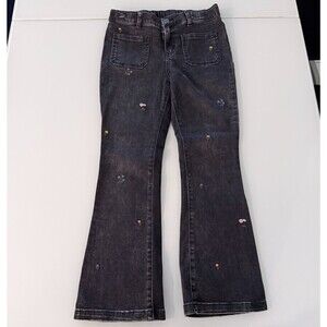Cat & Jack Girls Black Flare Jeans Size 12 Embroidered Flowers Boho Retro Y2K
